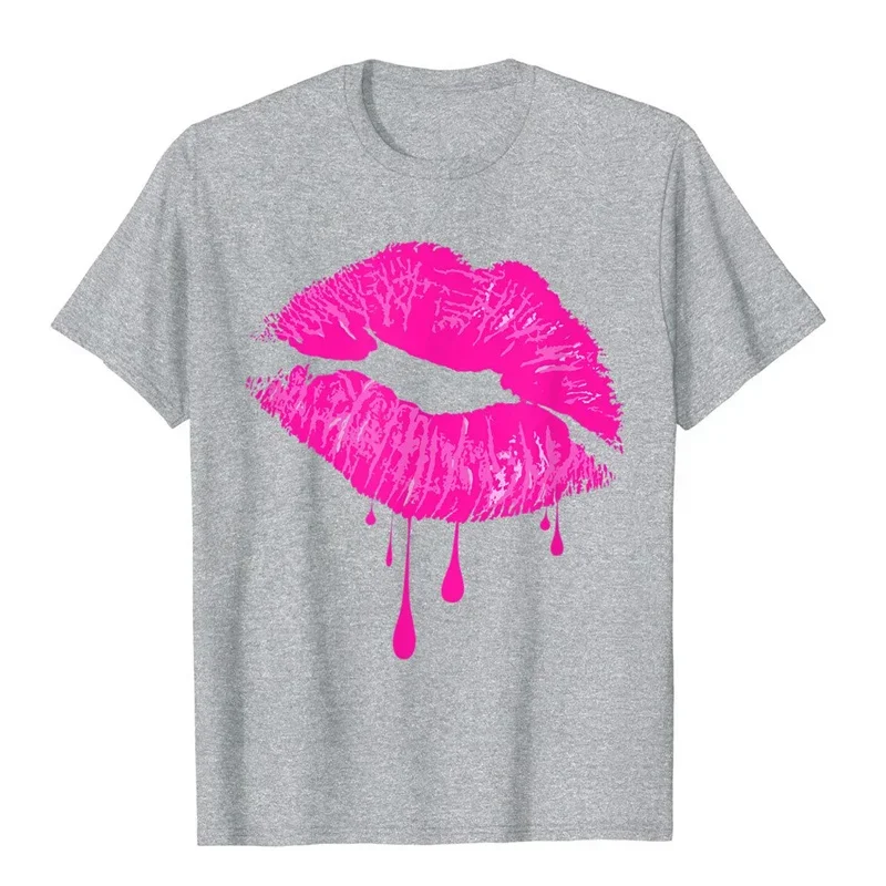 Hot Pink Lips Kiss Retro Vintage Lipstick Party T-Shirt For Men Party Tops T Shirt Oversized Personalized Cotton Round Collar