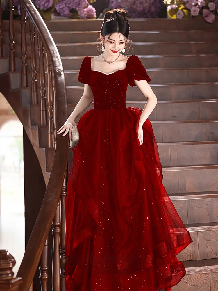 

Red Wedding Dr Ele Princ Sle Long Evening Gown for Engagement And Wedding Celebration Beaded ort Sve Floor L...