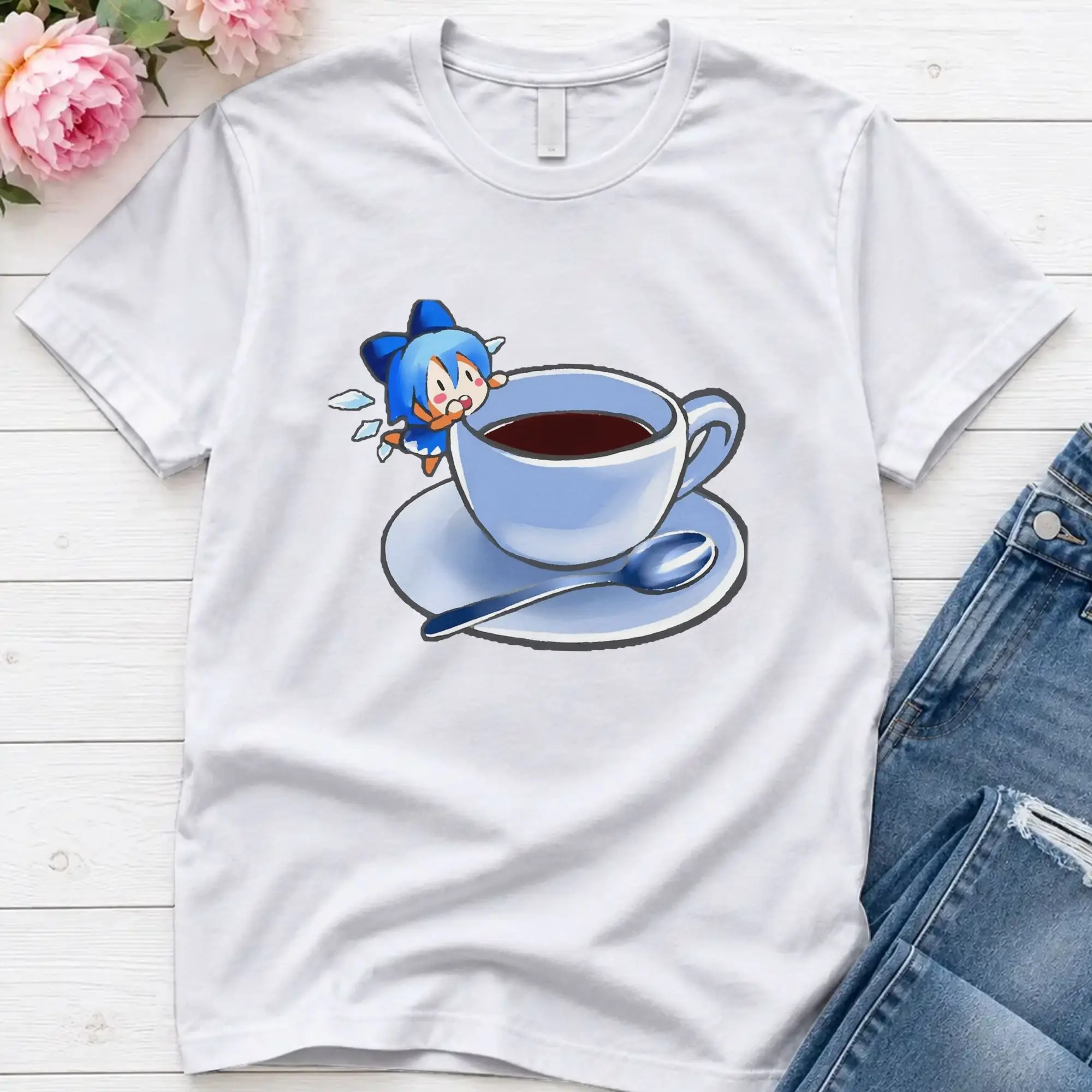 Men's Chibi Cirno With Coffee Touhou  T Shirts Touhou Project 100% Cotton Tops Short Sleeve O Neck Tee Shirt Plus Size T-Shirts