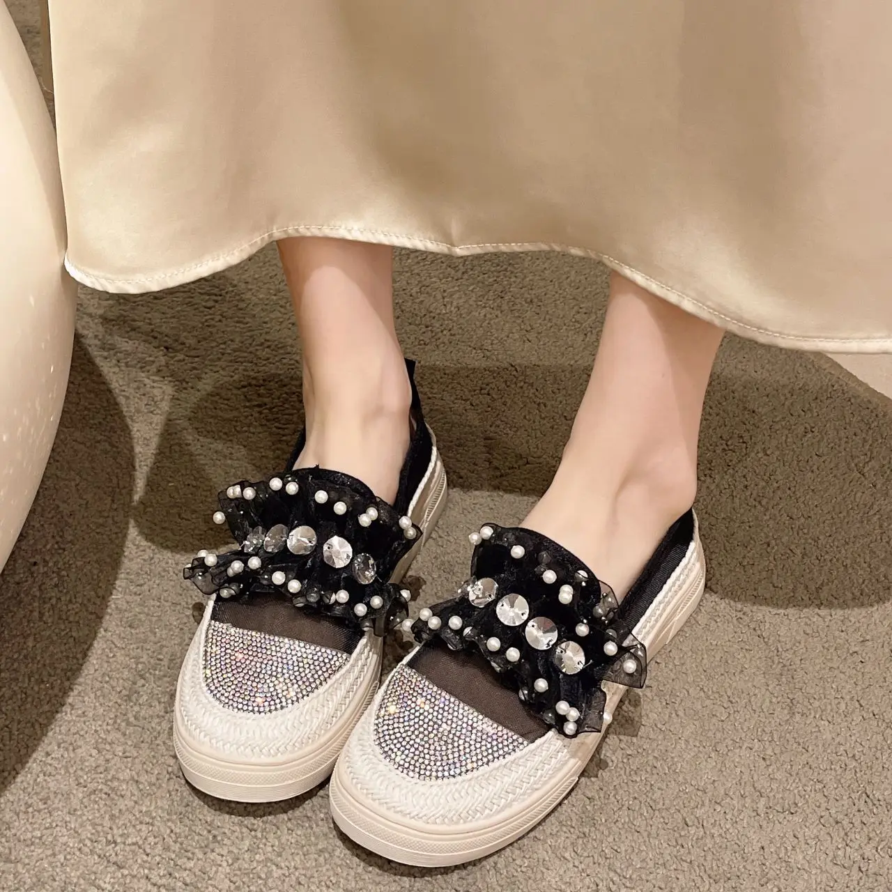 

Women's Breathable Platform Loafers Lace Rhinestone Mesh Slip On European Style Fisherman Shoes