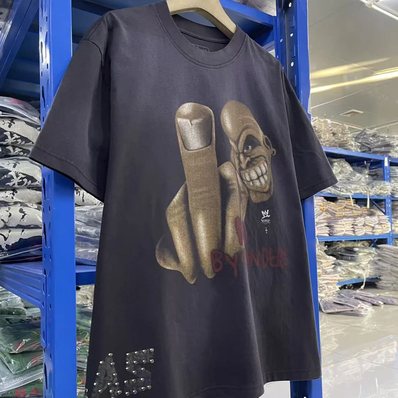 Portrait Skull Pattern Letter Print Cactus Jack T Shirts Tops Men Women Loose Heavy Fabric Casual Short-sleeved Rap Top Tee