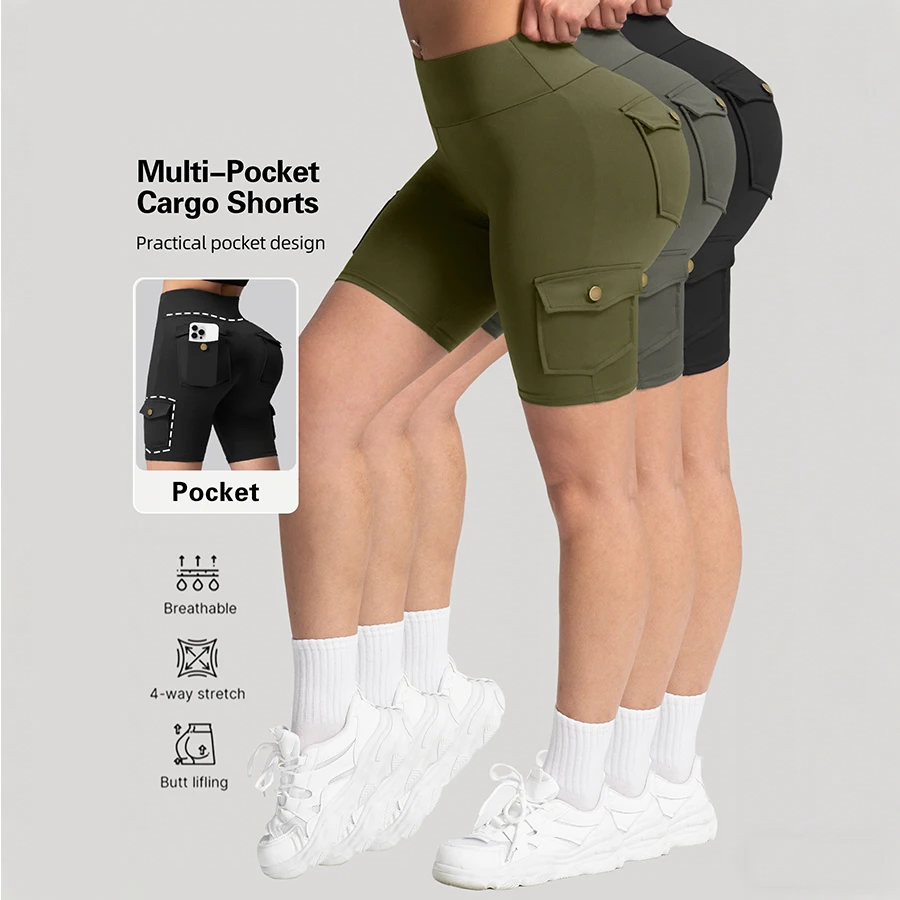 

Женские шорты-карго с карманами, с высокой талией, подтягивающие ягодицы, эластичные обтягивающие шорты для велоспорта, бега и тренировок, спортивная одежда