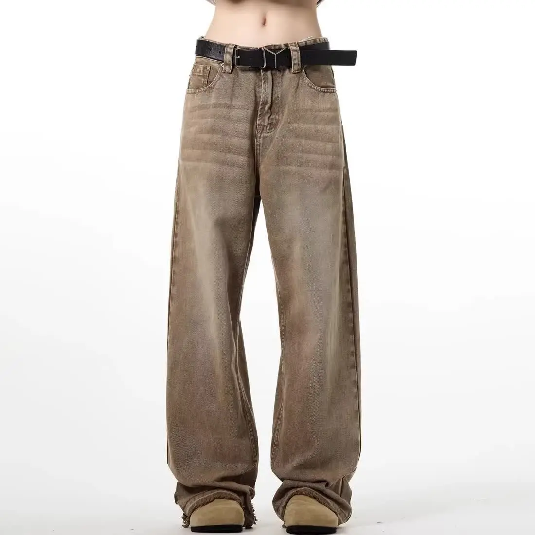 

Модные потертые джинсы, мужские прямые широкие брюки в американском стиле, красные брюки, мужская одежда, новая летняя мода Tide 2025, повседневная одежда