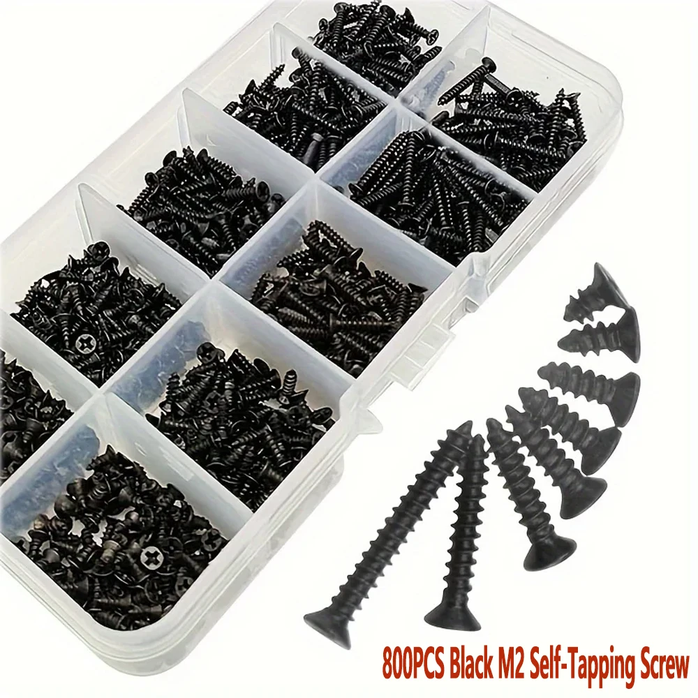 

800Pcs Black Steel Mini Cross Phillips Round Pan Head Self Tapping Wood Screw Set Kit Box M2 black Cross Carbon Steel Screw