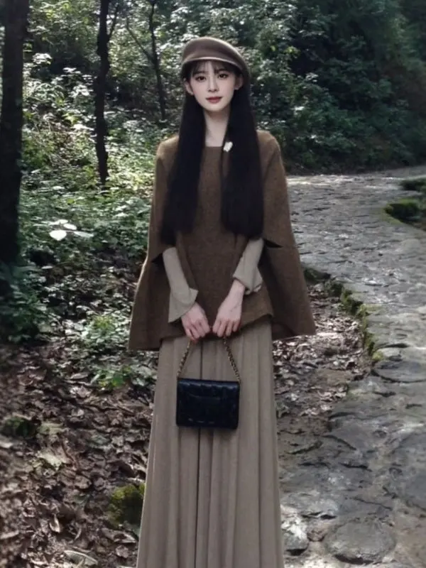 

Retro Fashion Classy Girl Short Dress Set with Cloak Two-Piece Suit Autumn Season Long Sleeve round Neck Warm Comfortable Wom...