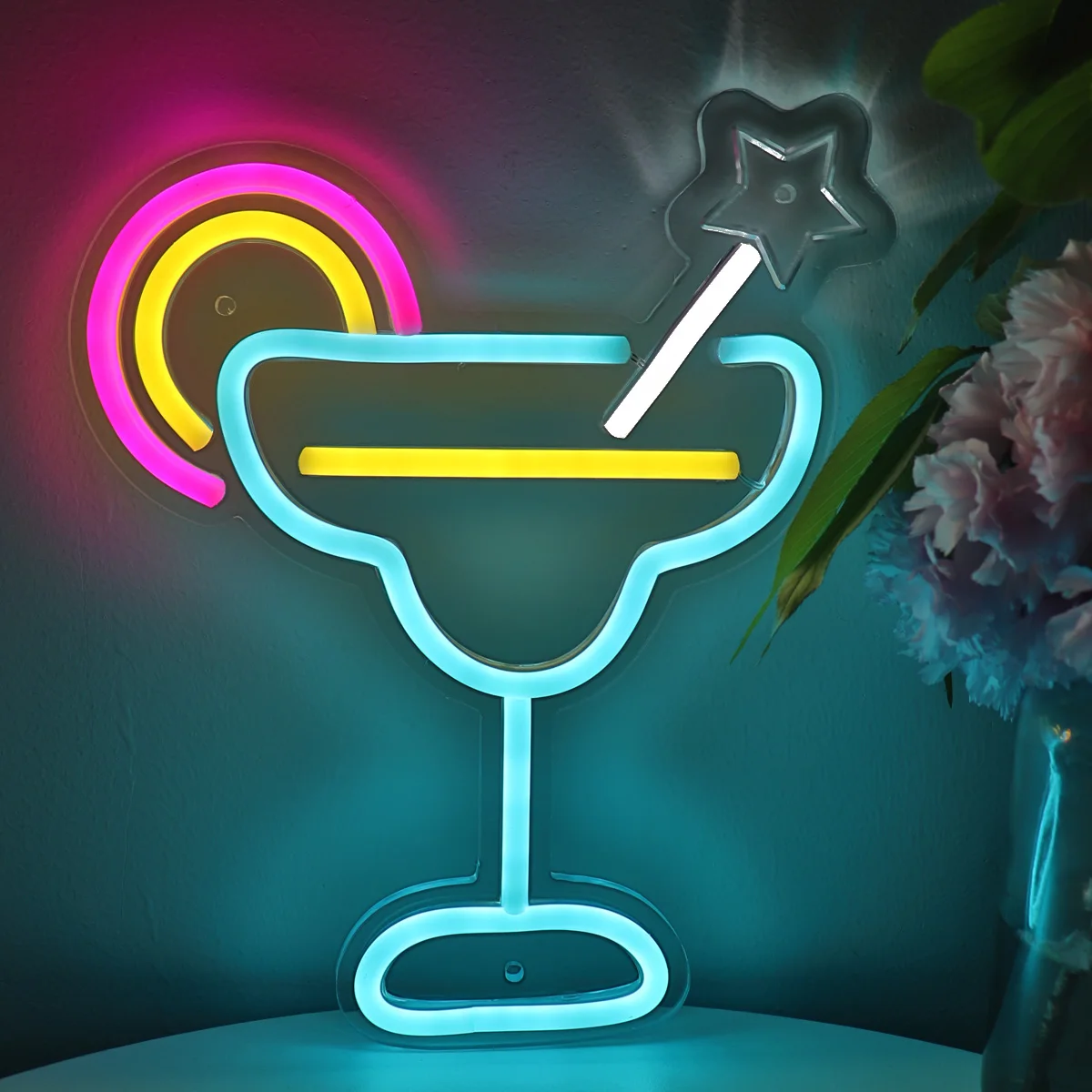 1PC Rainbow Margarita Cocktails Glass With Curving Star LED Wall Neon Sign For Pub Club Party Event Decoration  8.82''*10.55''