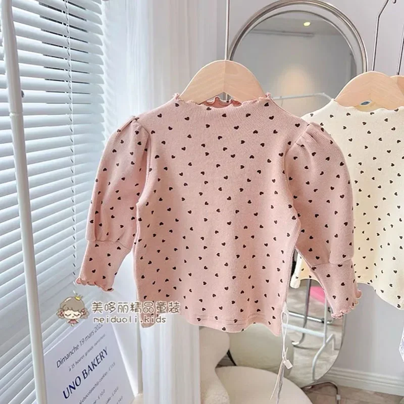 3-7 Years Kids T-Shirt Autumn Spring Half-turtleneck Puff Sleeves Heart Pattern Long Sleeved Tops Girls Cotton Clothes