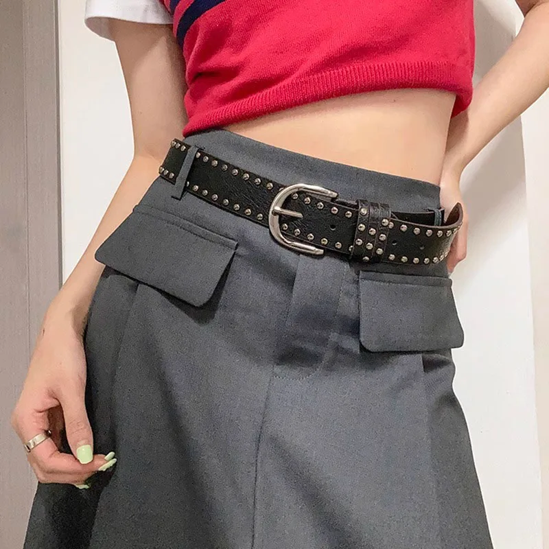 New style rivet black punk style needle buckle belt, versatile and high-end for women, Y2k belt, men\'s and women\'s denim belt