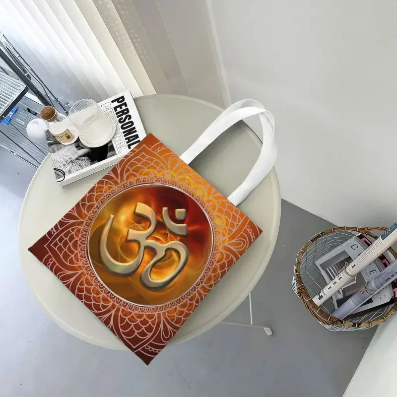 Mandala Om Groceries Shopping Bags Custom Print Canvas Shopper Shoulder Tote Bag Portable Buddhism Aum Yoga Meditation Handbag image 6