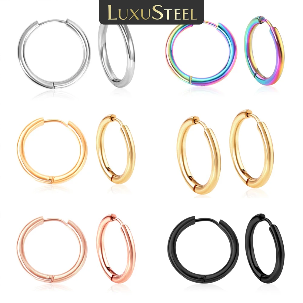 LUXUSTEEL 1 Pairs Women Men Stainless Steel Small Hoop Earrings Silver Color Round Circle Pendientes Mujer aretes Punk 5 Colors