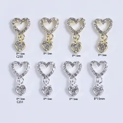 10Pcs Heart Shaped Gold/Silver Hollow Designs Dangle Charms Jewelry Nail Art Crystal Rhinestones For Nail Art Metal Decorations