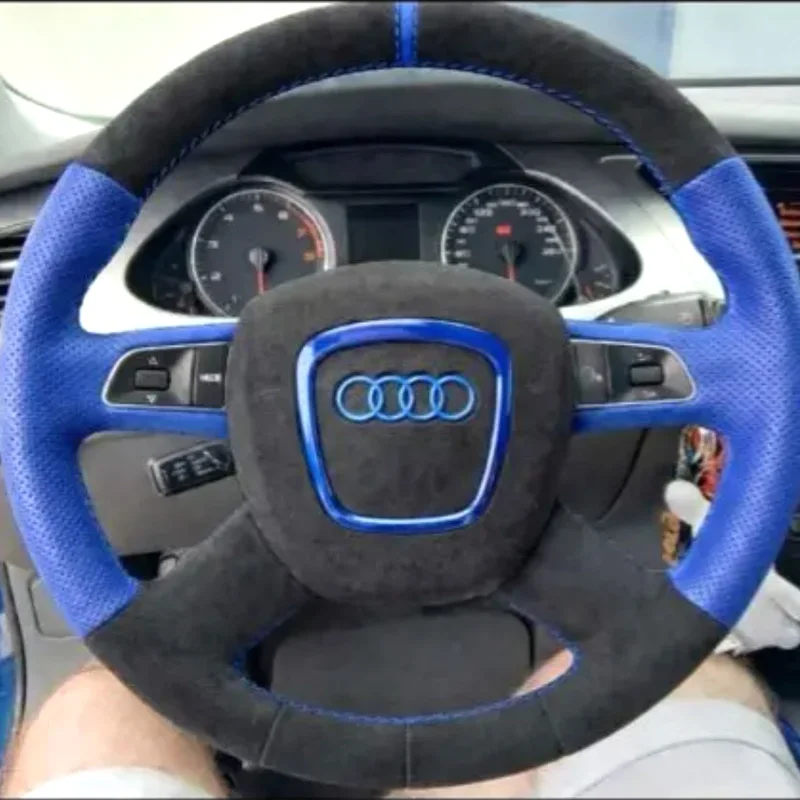 Hand Stitched Blue Leather Steering Wheel Cover for Audi A3 A4 B8 A6 C6 A8 A8L 2006-2010 Q5 Q7 S8 2007-2011Car Steering Wrap
