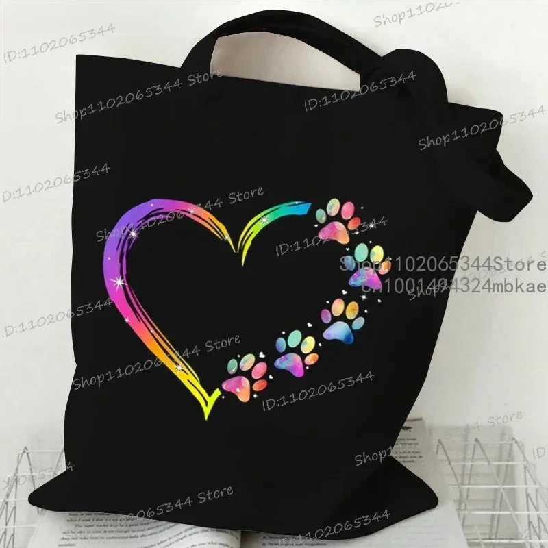 Colour Heart Cat Dog Paw Pattern Canvas Tote Bag Women Fashion Y2K Shopping Bags Student Animal Lover Cartoon Shoulder Handbag