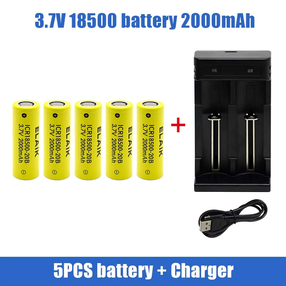 3.7V Rechargeable Battery ICR18500-20B 2000mAh 18500 Recarregavel Lithium ion Battery For LED Flashlight,With Charger