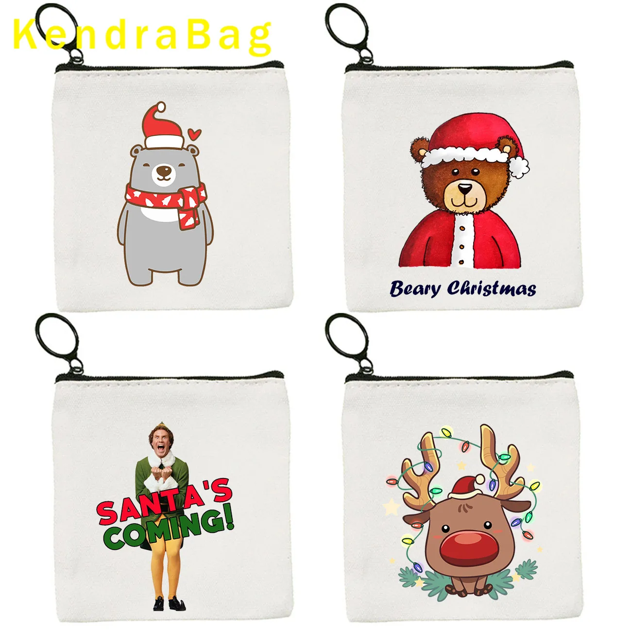 

Funny Merry Christmas Reindeer Bear Hat Tree Green Elf Rudolph Santa Cute Cartoon Key Coin Purse Canvas Bags Pouch Wallet Gifts