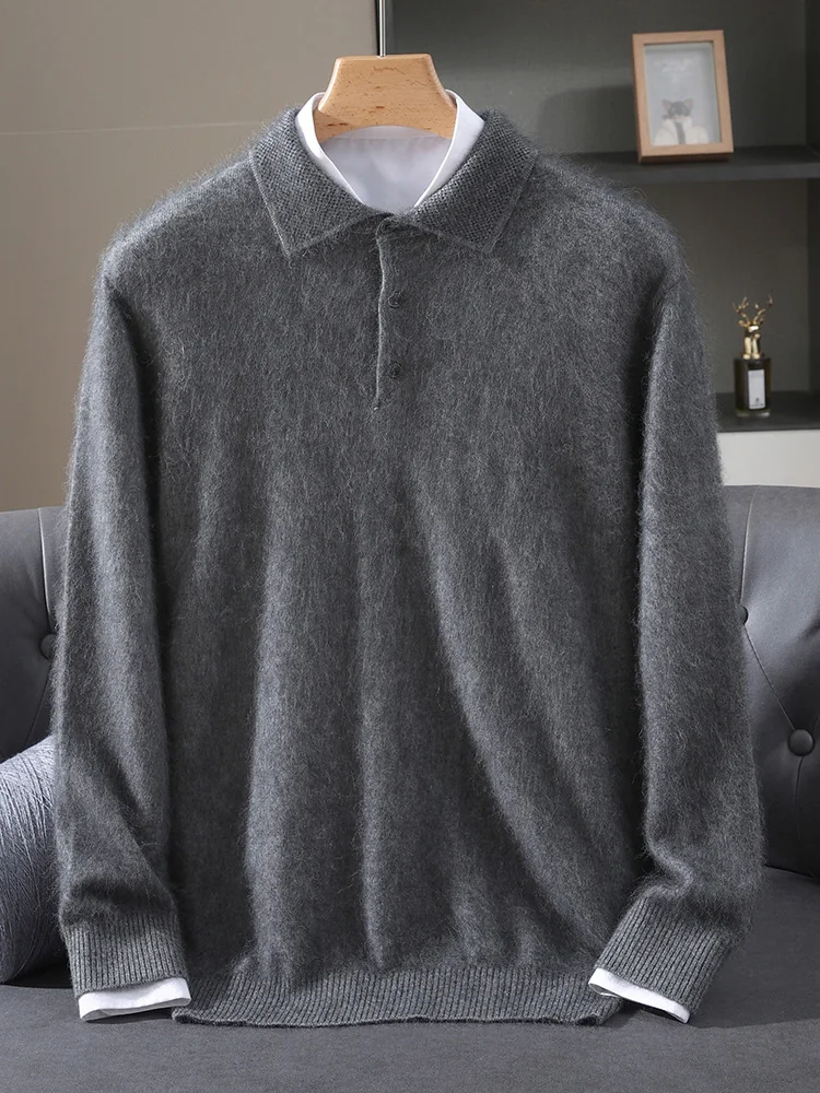 

Men's Polo Collar Long Sleeves Pullover Sweater 100% Mink Cashmere Business Leisure Soft Warm Autumn Winter Clothing Tops