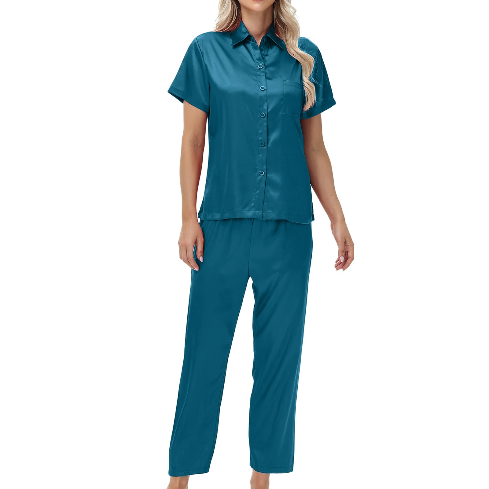 

Женский пижамный комплект, синий атласный материал павлина, шелковистые, приятные для кожи брюки с короткими рукавами, сцена для отдыха, домашняя одежда для дома