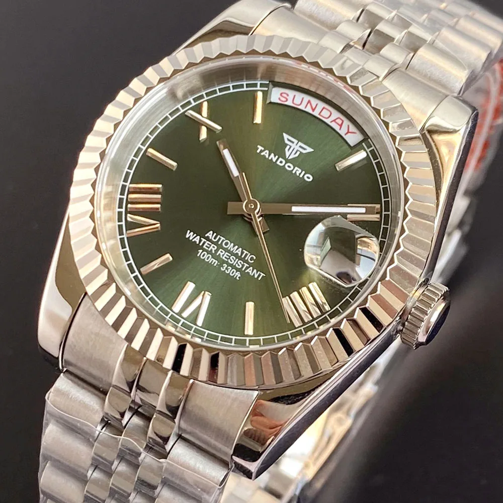 مخصص جديد كلاسيكي يوم تاريخ الزيتون الأخضر الهاتفي الياقوت الزجاج 200 متر مقاوم للماء اليابان NH36A ساعات آلية أوتوماتيكية للرجال