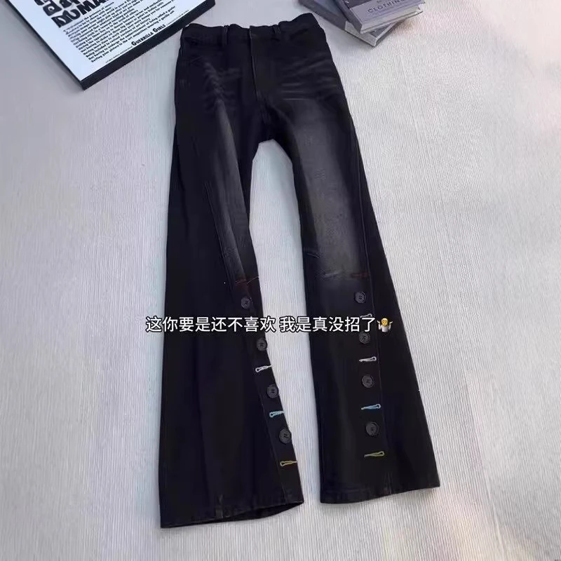 Vintage Blue Button Placket Embroidered Jeans Unisex Mid Rise Straight Leg Micro Flare Pants American High Street Denim Trousers