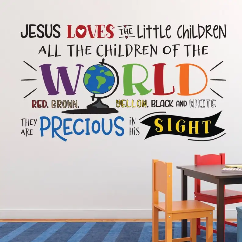 Jesús ama el mundo de los niños pequeños pegatinas de pared, himno, canción infantil, precioso en su vista calcomanías de pared decoración del dormitorio