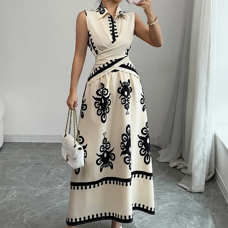 レディース 2025年新作 バケーションスタイル ノースリーブシャツ＆サッシュミディスカート ツーピースドレスセット