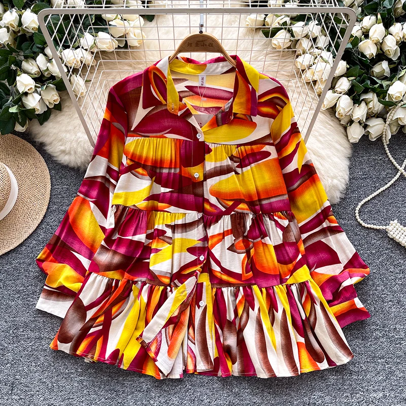 Lente Herfst Casual Shirt Met Lange Mouwen Vrouwen Grote Maat Losse en Veelzijdige Lantaarn Mouw Single Breasted Gedrukt Blouse C338