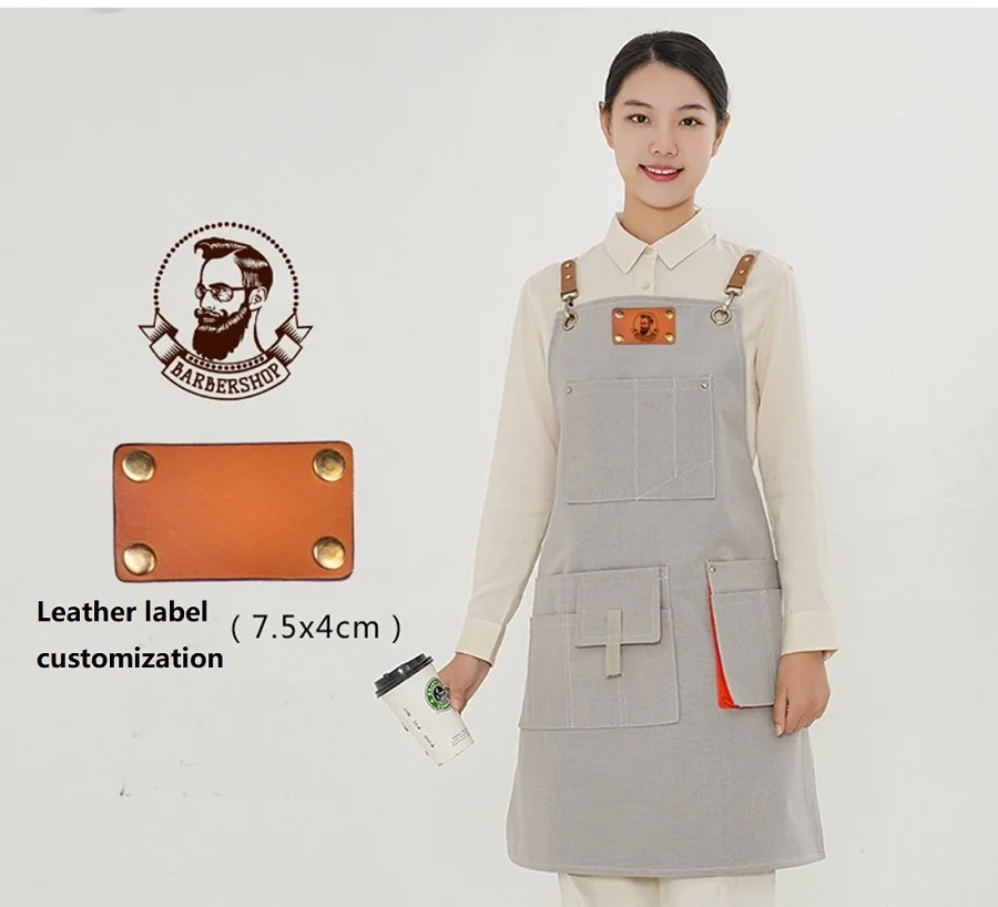 

Custom Leather LOGO Thick Canvas Overalls Apron Barista Waterproof Catering Baking Bar Men Women 3D Personality Pocket Apron