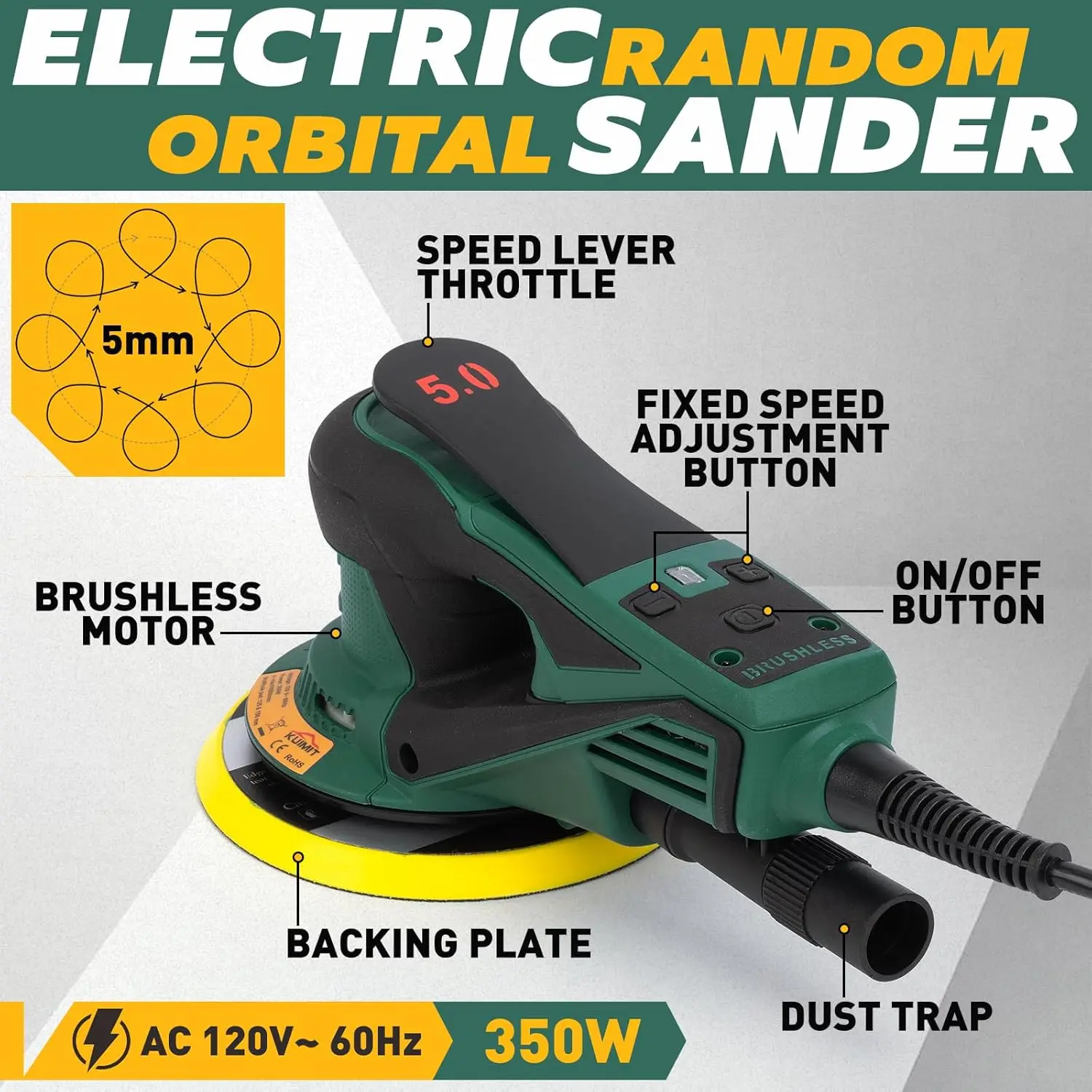 Sander Orbital Acak Kelas Pro |   Pembangkit Listrik Tanpa Sikat 350W dengan Bantalan Ganda 5" & 6". |   Kecepatan Variabel 4000-10K RPM |   Woodwo Bebas Debu