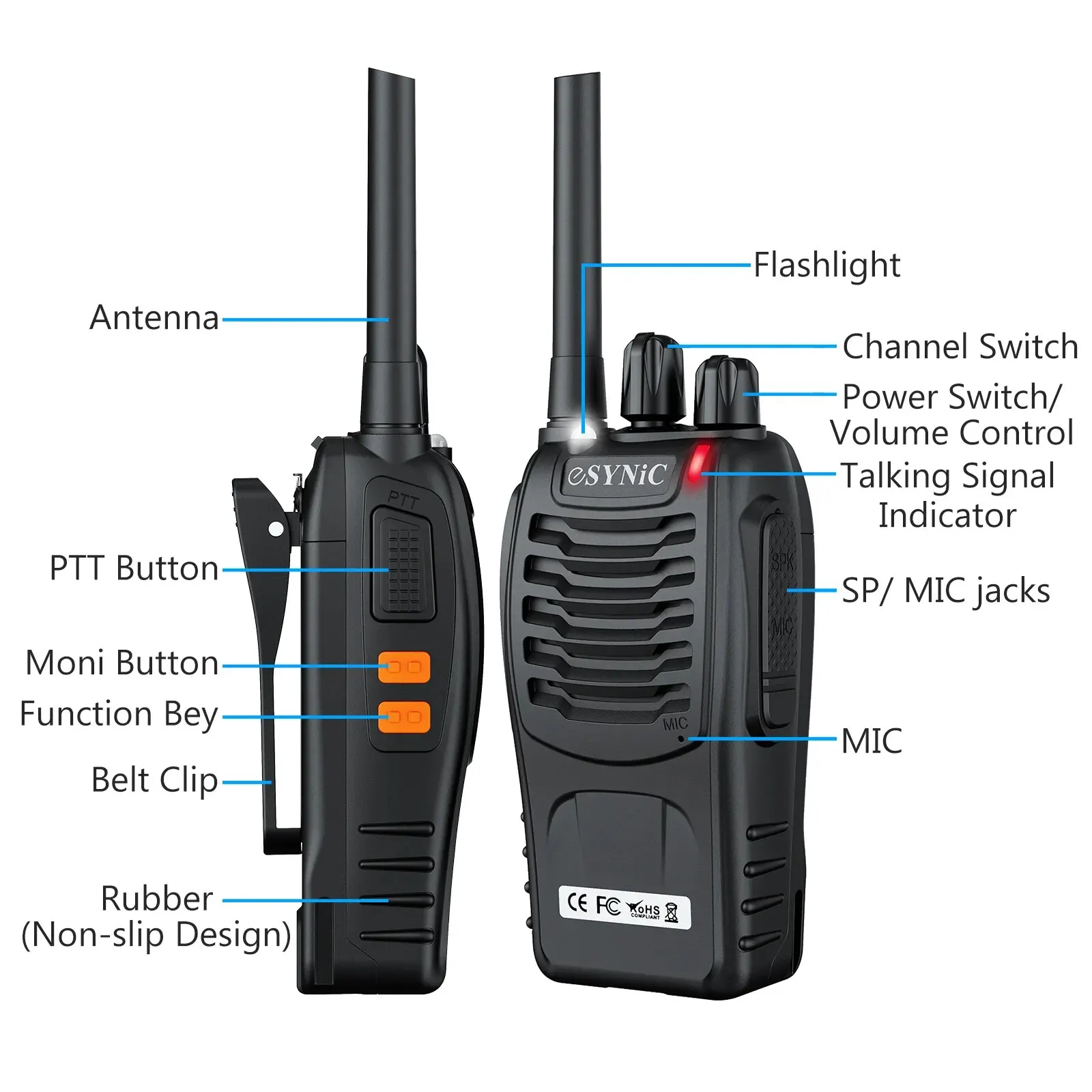 ESYNiC-recarregável Walkie Talkie, 2-Way Radio, PMR446, Licença Livre, lanterna LED, VOX manipulados, 16CH, ao ar livre, 2 pcs