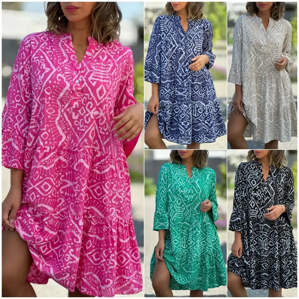 

Dresses for Dresses Spring Summer Splic Dress 2024 Retro Dresses V-Neck Flared Sleeves Geometric Print Sexy Midi Dress Vestido