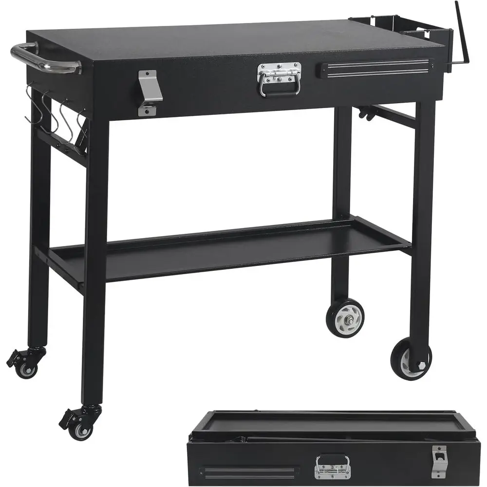 

Portable Outdoor Cooking Cart for 17-22 Inch Grills with Lockable Shelves and Caddy, Ideal for Camping and Tailgating