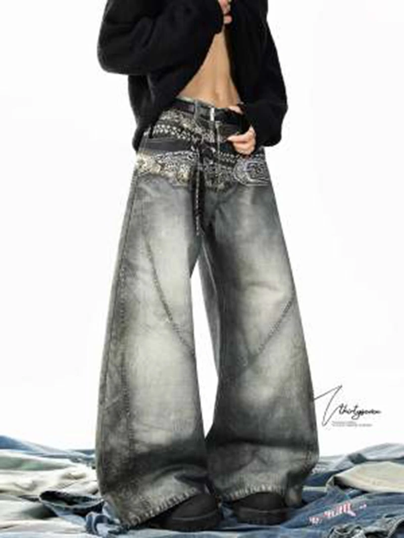 النمط الأمريكي الرجال منحني سكين Y2K حزام البنطال الجينز الطباعة التباين اللون غسل واسعة الساق خمر الهيب هوب الذكور سراويل جينز #3