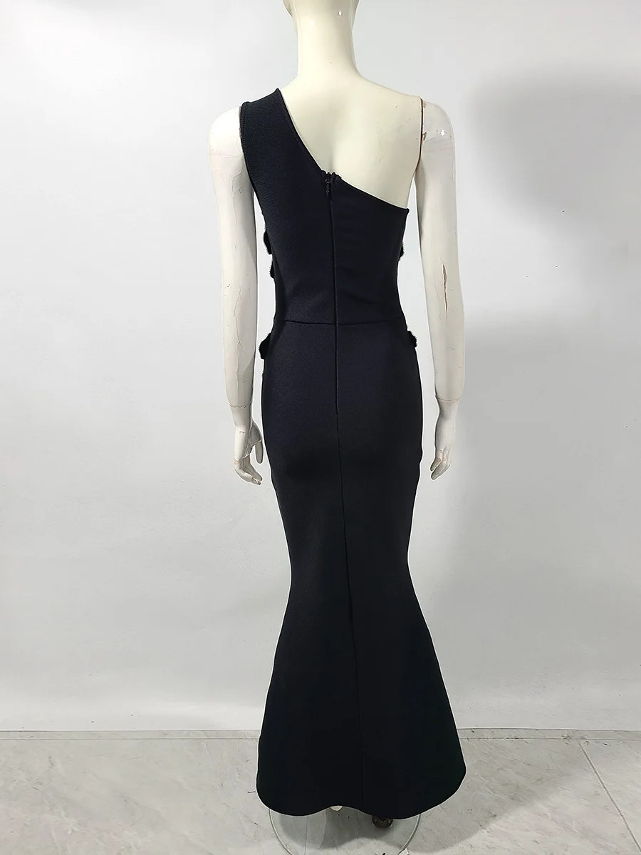 Sukienka damska seksowna, błyszcząca, z kwiatowym wzorem, zdobiona cyrkoniami, z jednym ramieniem, z siateczkowymi wycięciami, długa, czarna, bandażowa, typu syrena, luksusowa suknia wieczorowa na przyjęcie.