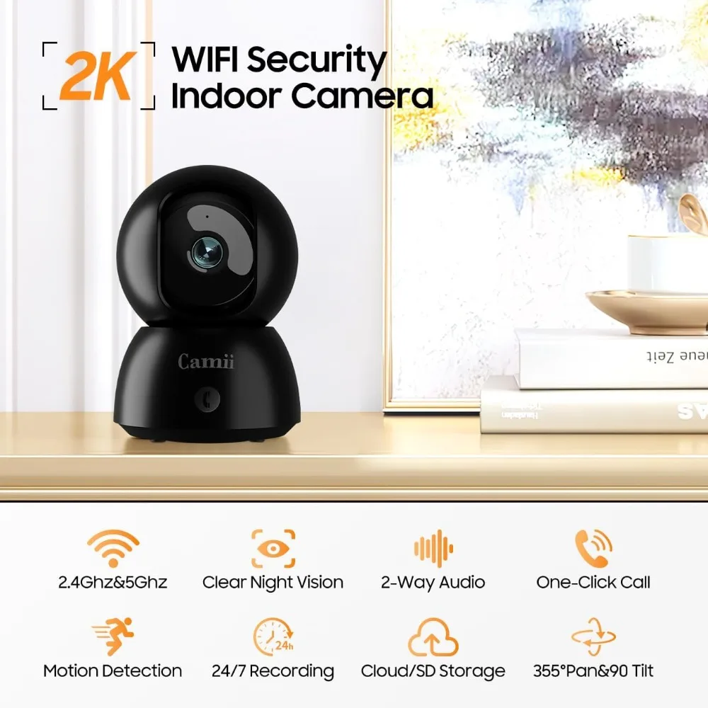 Cámara interior, cámaras para mascotas 2k para seguridad en el hogar wifi de doble banda (2,4/5g), cámara de seguridad con aplicación telefónica, almacenamiento con tarjeta SD 24/7, 2-