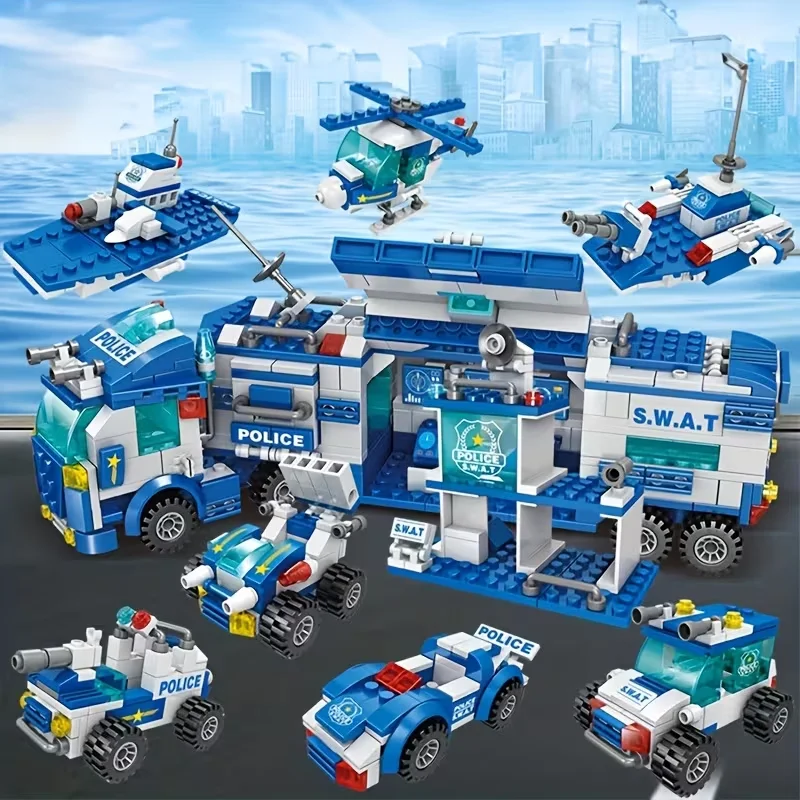 SWAT City Police Building Blocks Set, Transformable Patrol Car & Command Truck, Educational Role Play Toy