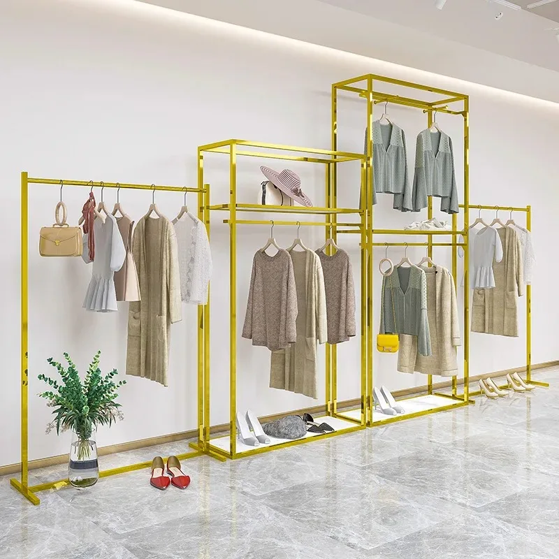 Stainless steel clothing store display rack Floor-to-ceiling gold double-layer display hanger