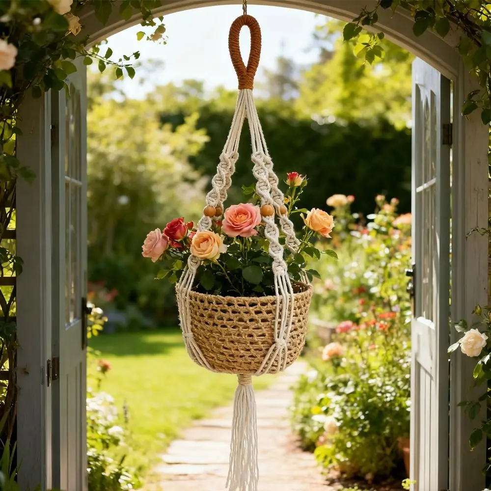 with Handmade Tassels Macrame Plant Hanger Net Cotton Rope Knotted Lifting Rope Hanging Planter Basket Wall Hanging