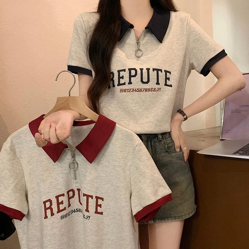 Color Block  Collar Top Women's Summer T-Shirt Creative Pattern Linen Fabric Short Sleeve Regular Fit Polyester Fiber