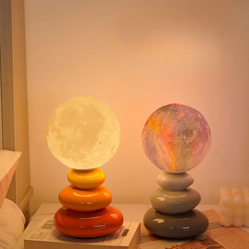 

Cream Style High-End Bedside Ceramic Desk Lamp Bedroom Sleeping Planet Atmosphere Lamp Stacked Stone Decorative Night Lamp