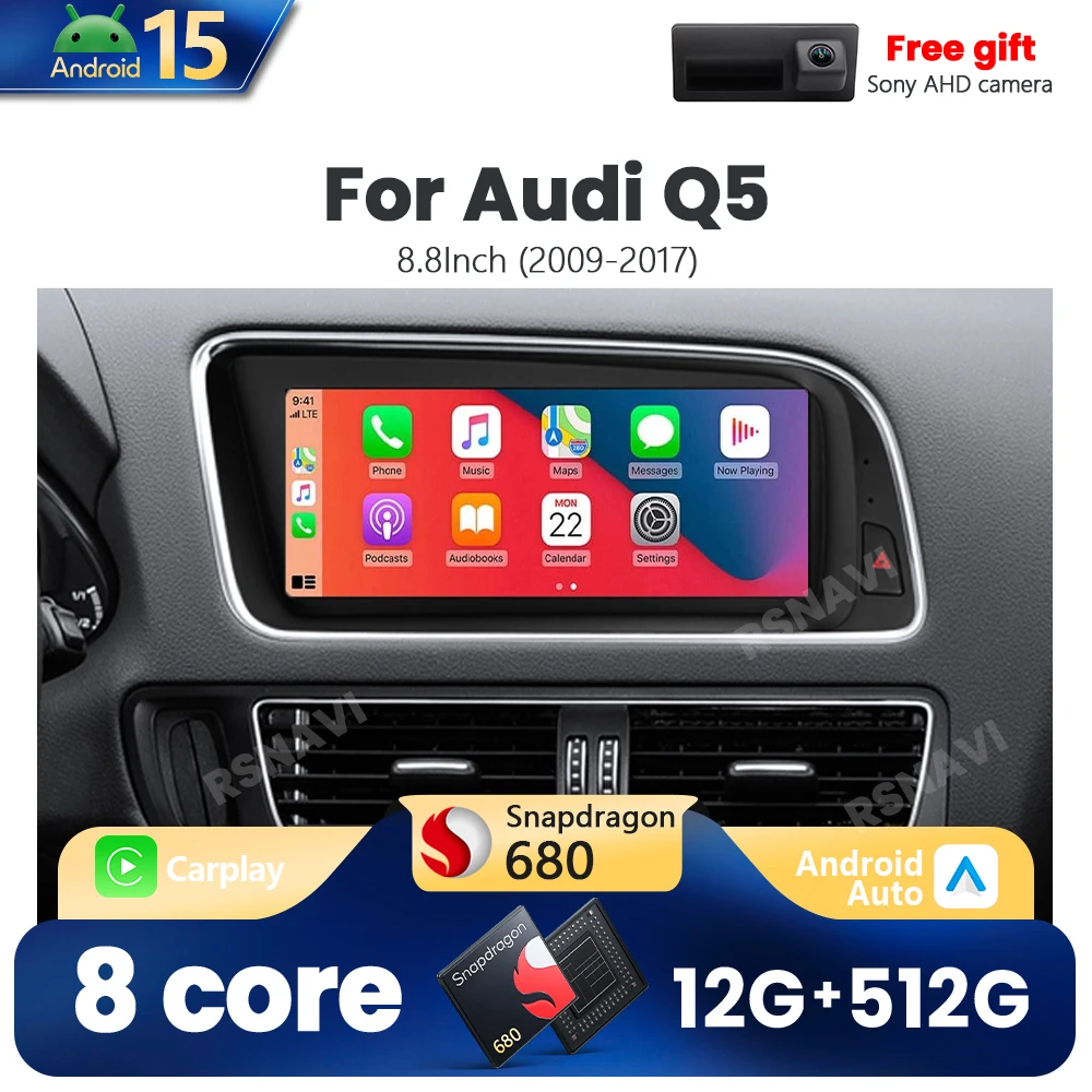 Qualcomm Snapdragon 680 Android 15 For AUDI Q5 2009-2017 Wireless CarPlay Auto Car Radio Multiledia layers GPS 8.8INCH