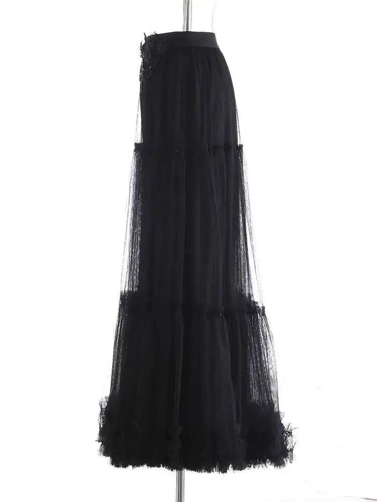 High Elastic Waist Black Mesh Nailed Elegant Ball Gown Half-body Skirt Women Fashion Tide New Spring Autumn