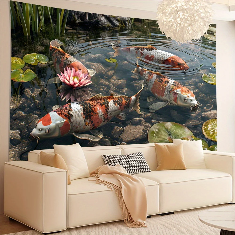 Lucky Koi Fish Pond Tapestry, Lotus Flower Water Lily Clear Water Rock Aquatic Oriental Art Wall Cloth For Home Room Decor