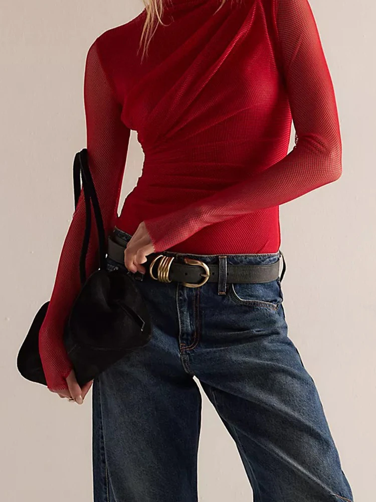 

Fashion Solid Color Long Sleeve Slim Women Jumpsuits Leisure O-neck Pleated Rompers Sexy See-through Mesh Hollow Out Bodysuits