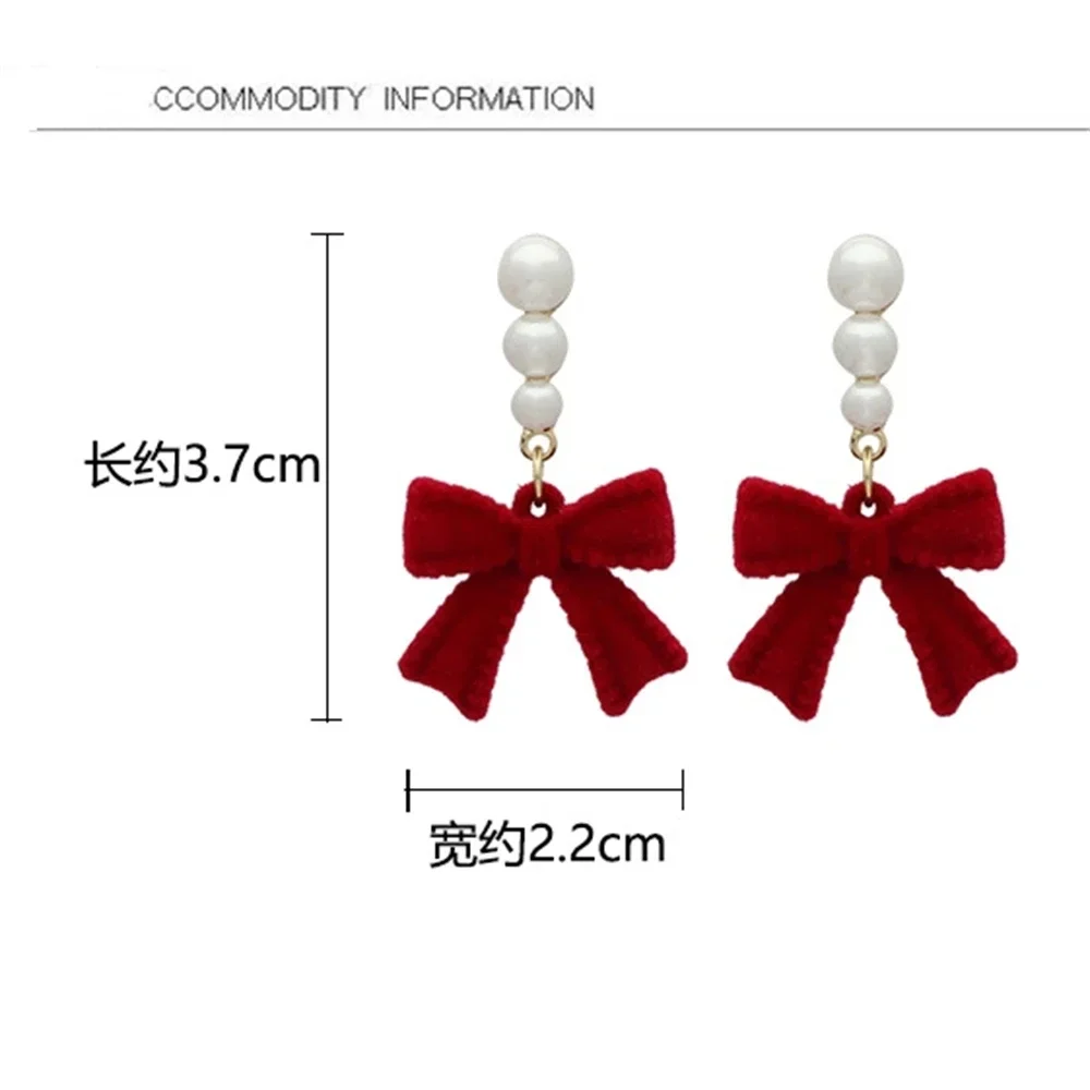 Sweet Bowknots Imitation Pearl Flocked Earrings for Women Girls Elegant Red Black Ear Accessories Fashion Jewelry Exquisite Gift