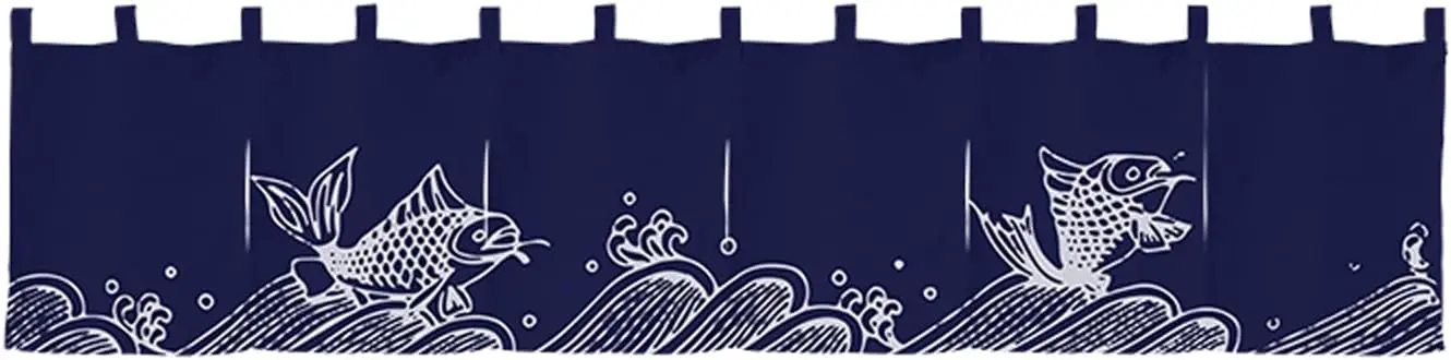 Japanese Style Noren Doorway Curtain, Fish and Wave Pattern Door Way Hanging Short Curtains for Sushi Bar Izakaya Decoration