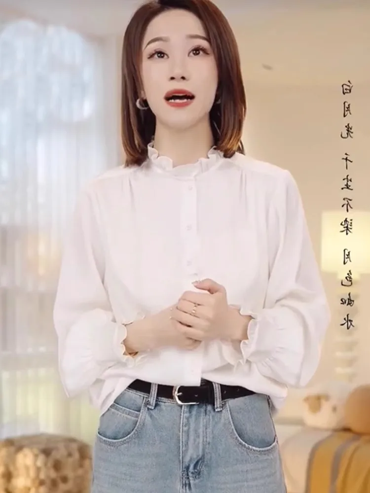 

Свободная повседневная длинная шифоновая блузка Све, верхняя одежда Ele, новая осенняя одежда, простой цвет, большие размеры, кружевная отделка с цветочным принтом irt