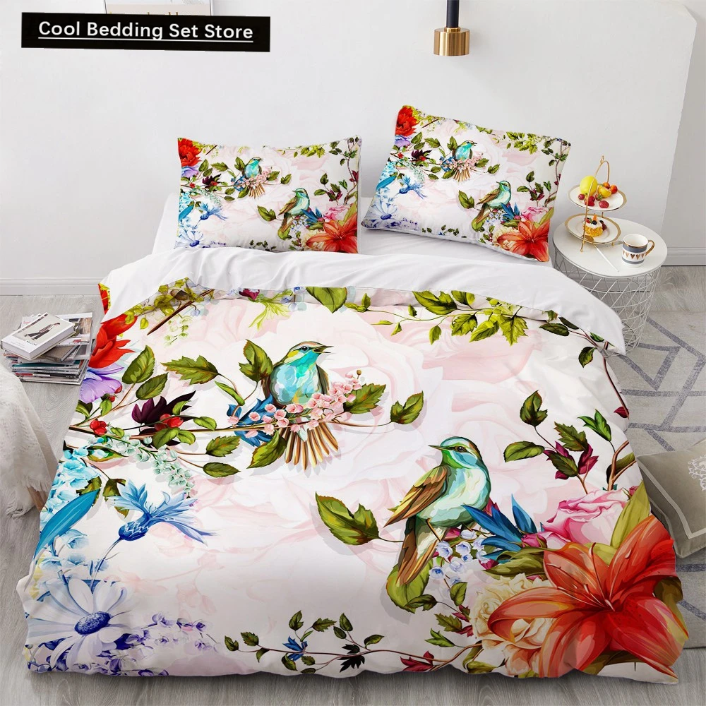 

Flower Bird King Queen Duvet Cover Colorful Tropical Floral Bedding Set for Women Watercolor Plant 2/3pcs Polyester Quilt Cover