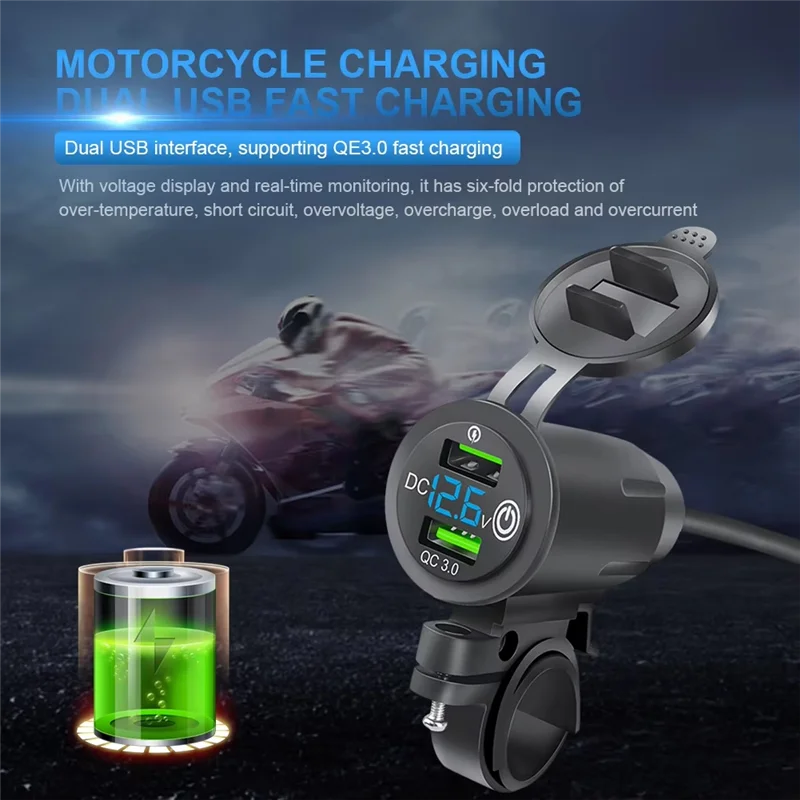 

Leading-Edge-Dual USB Car Charger With Fast Charging QC3.0 And Voltage Display For Motorcycles, Rider Handlebar Rack