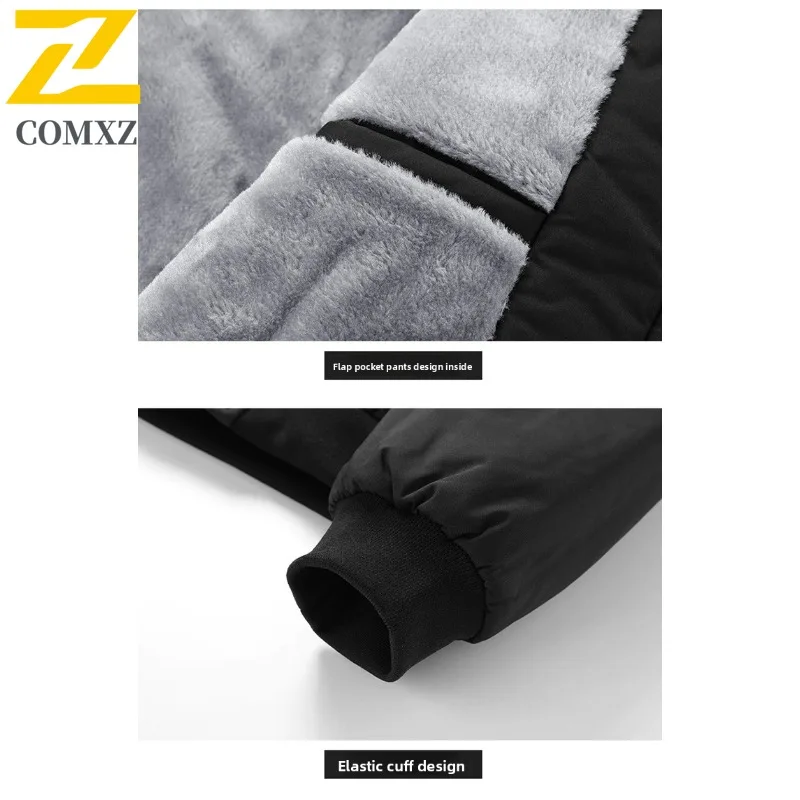 เสื้อแจ็คเก็ตผ้าฟลีซผู้ชาย COMXZ สไตล์ลำลอง คอตั้ง สีตัดต่อ รุ่นปี 2025 สไตล์อเมริกัน ใหม่ หนา อุ่น บุด้วยผ้าฝ้าย สำหรับฤดูหนาว ป้องกันความหนาว