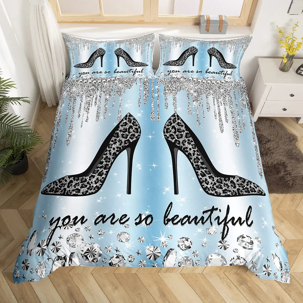 

Leopard Glitter Duvet Cover Kids Girls Diamond Starry Bedding Set King Size Sparkling Jewelry Comforter Cover Bedroom Decor 3pcs
